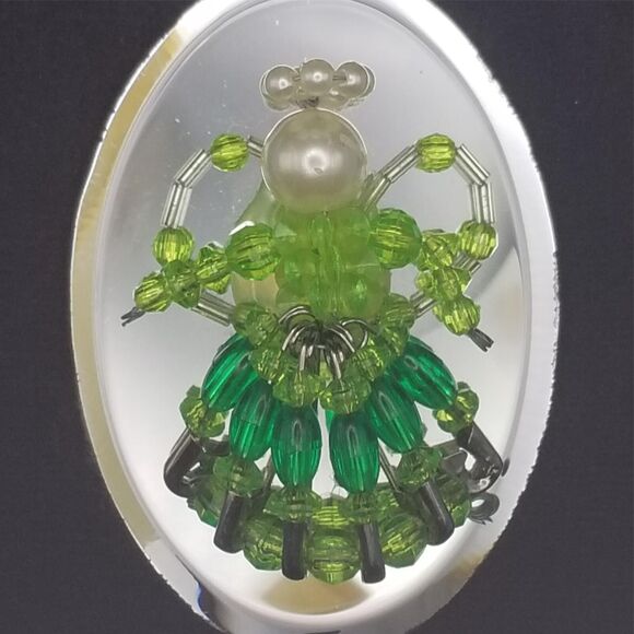 Vintage Beaded Green Angel Ornament Mirror 3" Pearl Handmade with Safety Pins - Picture 6 of 6
